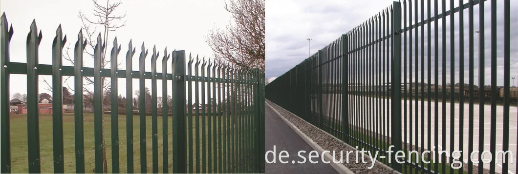 BS1722-12 Drei Schiene Triple Point Speer W blasse Pulverbeschichtete verzinkte Stahl Hochsicherheit gebogener Top Palisade Zaun für Telekommunikationspumpenstation Stromumarmung